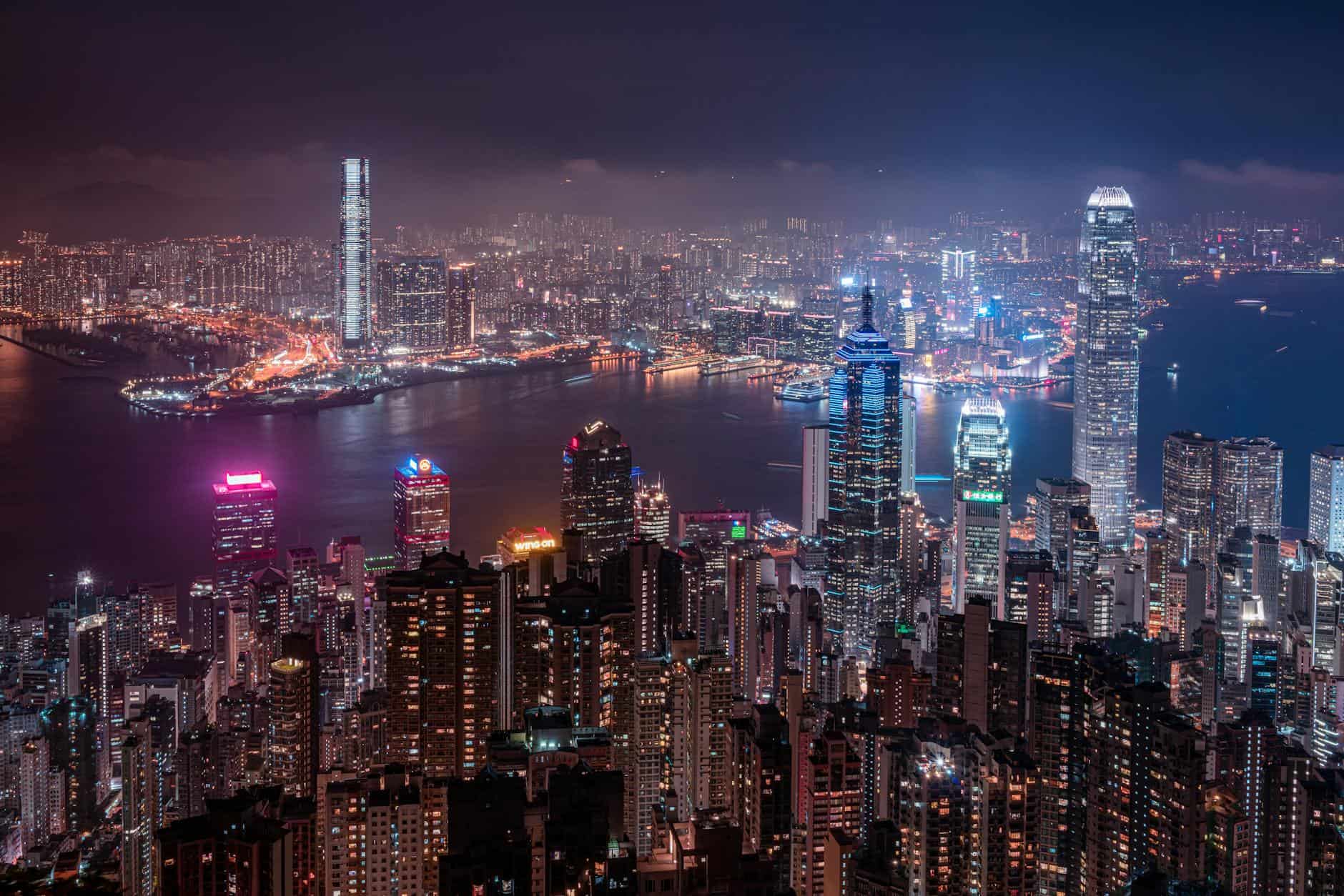 city skyline in hongkong during night time