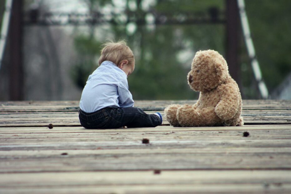 Adorable toddler sitting with a teddy bear on a wooden bridge, enjoying a peaceful moment outdoors.