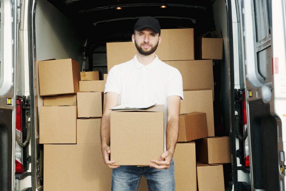 A courier standing at the back of a van holding a package for delivery.