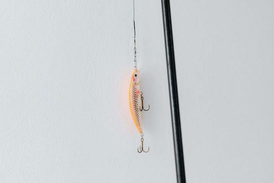 Detailed close-up of a fishing lure attached to a fishing rod, perfect for angling or fishing enthusiasts.